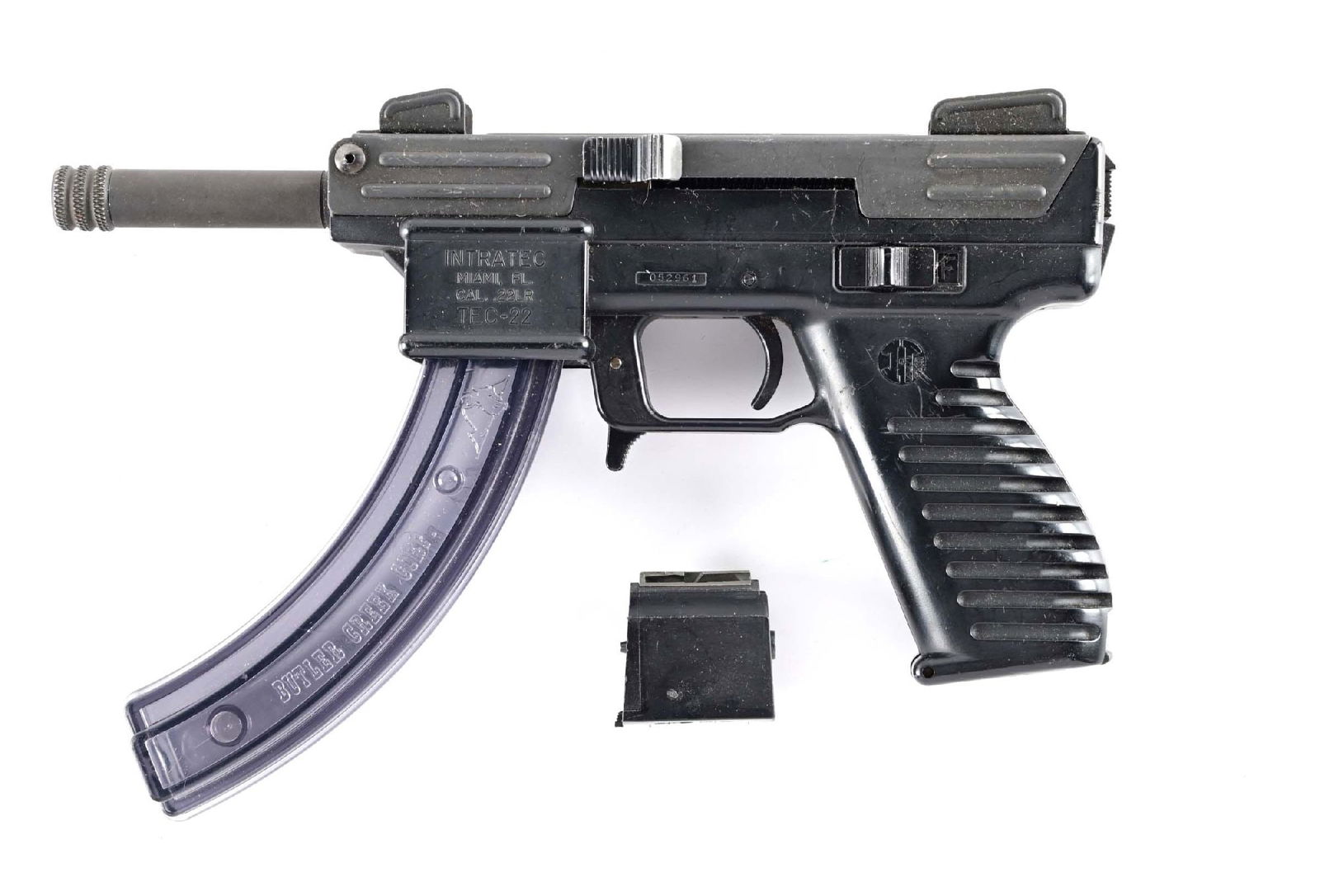 (M) INTRATEC TEC-22 SEMI-AUTOMATIC PISTOL.: The single-piece frame is molded ABS plastic with stamped metal and a steel barrel. They were made to use the Ruger 10/22 rotary magazines of which two are included, one being a large capacity. CONDIT