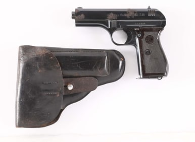 (C) CZ 27 SEMI-AUTOMATIC PISTOL WITH LEATHER HOLSTER.