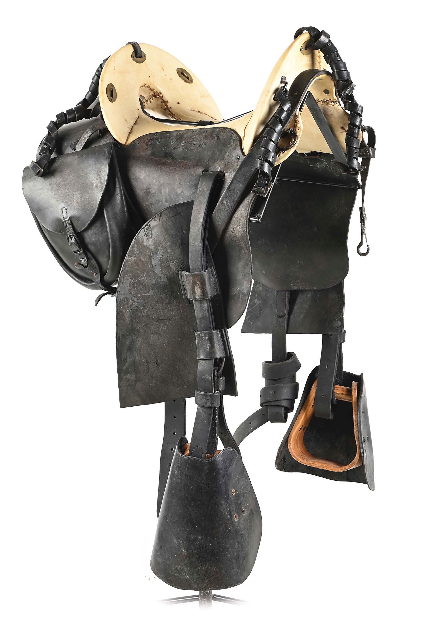 CIVIL WAR MODEL 1859 MCCLELLAN SADDLE.: Nice solid modern copy of a wartime McClellan. Saddle has the distinctive rawhide covered wooden seat, black leather saddle skirts, wooden stirrups with leather hoods, detachable sweatleathers and six
