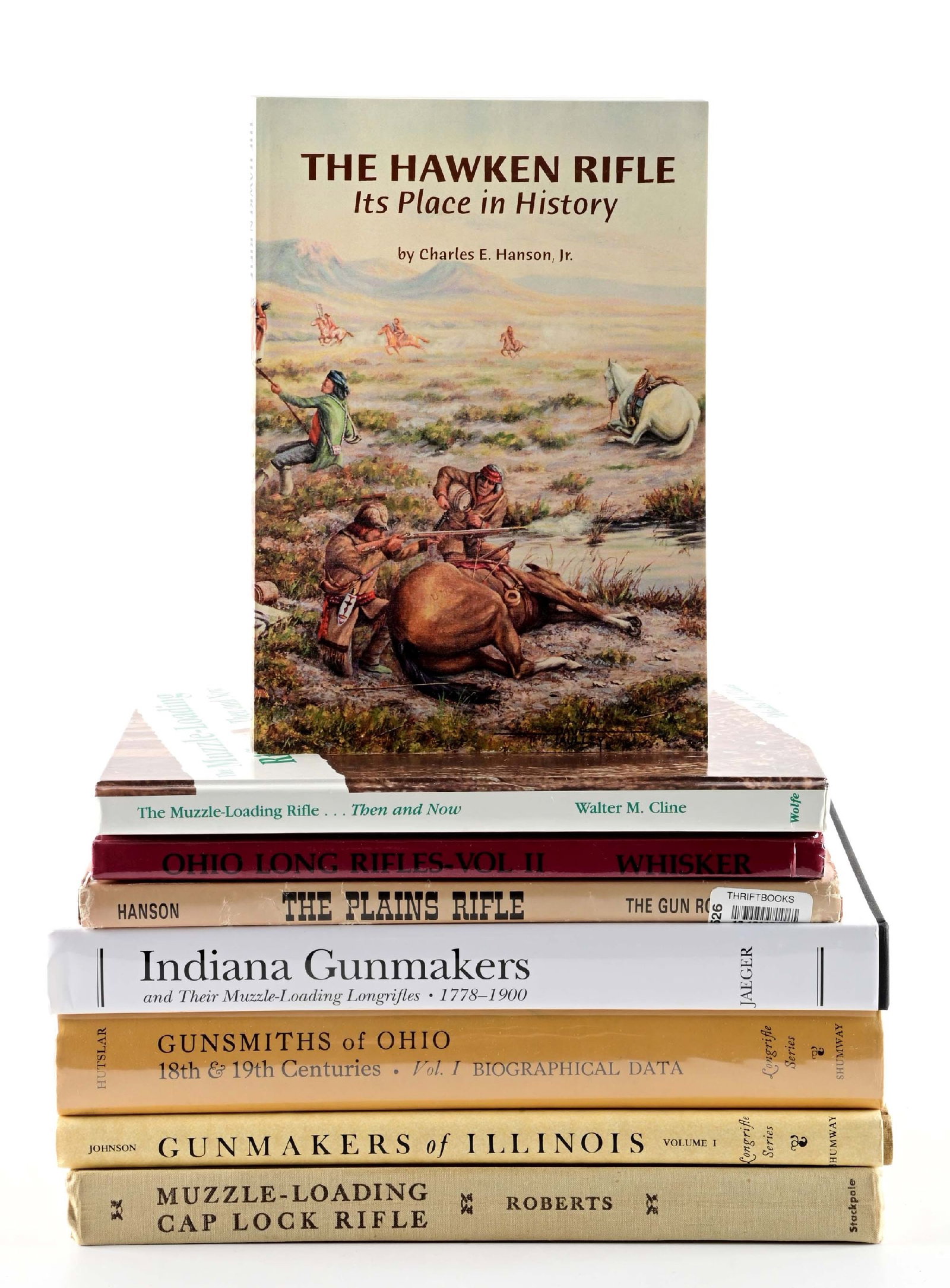 LOT OF 8: WESTERN RIFLE REFERENCE BOOKS.: 4 Hardbound books with dust jackets. 1. FUNSMITHS OF OHIO - D. HUTSLAR. 1973. 2. INDIANA GUNMAKERS - J. JAEGER.2021. 3. THE PLAINS RIFLE - C. HANSON JR. 1960. 4. GUNMAKERS OF ILLINOIS VOL. 1 - C. JOHN