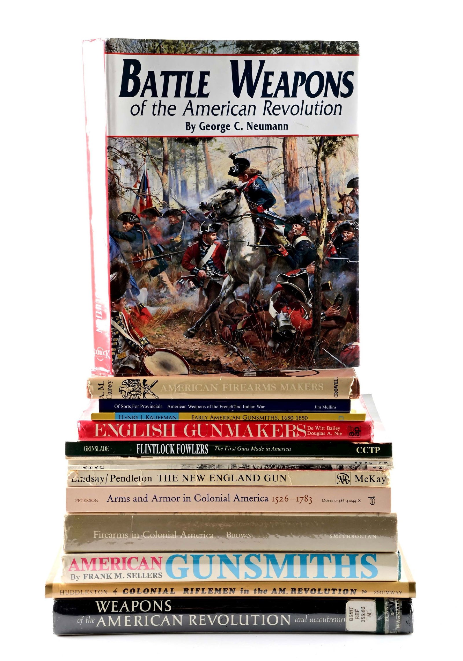 LOT OF 15: EARLY ARMS REFERENCE BOOKS.: Includes 7 hardbound, 5 soft bound and 3 old American Society of Arms magazine 1953, 1982 and 1995. Soft bound includes 1. EARLY AMERICAN GUNSMITHS- H. KAUFFMAN reissue of 1952 book. 2. FLINTLOCK FOWL