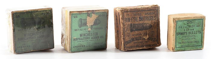 LOT OF 4: ANTIQUE SPENCER AND SHARPS AMMUNITION BOXES.