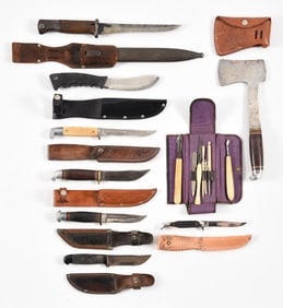 LOT OF 9: FIXED BLADE KNIVES, 8-PIECE FIELD KIT, AXE, AND BAYONET.