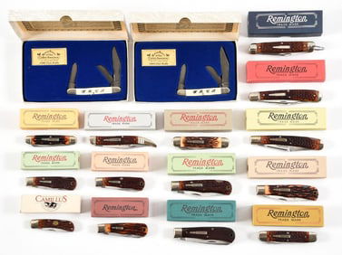 LOT OF 16: BOXED AMERICAN FOLDING KNIVES BY REMINGTON AND WRCA CLUB KNIVES.