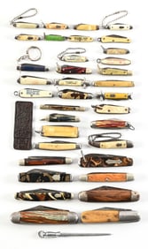LOT OF 36: FOLDING KNIVES, MOSTLY SHEET METAL CONSTRUCTION.