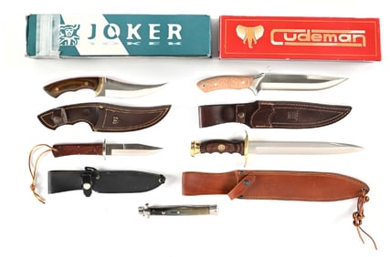 LOT OF 5: FIXED BLADE AND AUTOMATIC KNIVES.
