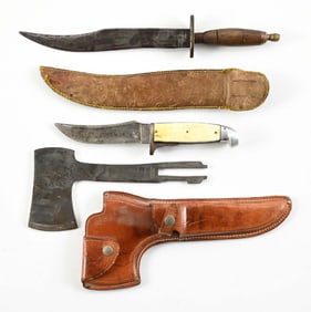 LOT OF 2: BLACKSMITH HUNTING KNIFE AND WESTERN BOULDER KNIFE/HATCHET COMBO TOOL.