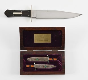 LOT OF 2: JERRY MCALPIN COFFIN HANDLE BOWIE KNIFE AND CASED SET OF MINIATURE BOWIE KNIVES.
