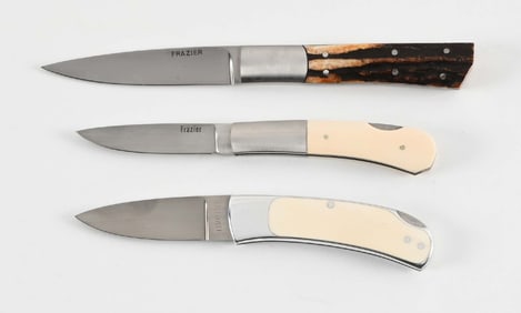 LOT OF 3: 1 TIMOTHY FOLDING KNIFE AND 2 FRAZIER KNIVES.