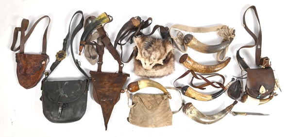 LARGE LOT OF CONTEMPORARY POWDER HORNS AND BAGS.