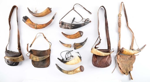 LARGE LOT OF POWDER HORNS AND BAGS.