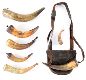 LOT OF 7: POWDER HORNS AND POSSIBLES BAG.