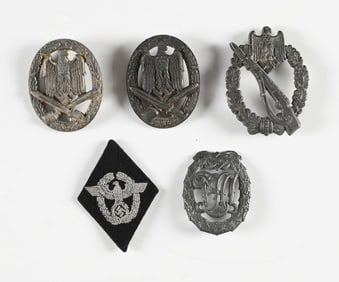 LOT OF 5: 4 THIRD REICH BADGES AND 1 POLICE PATCH.