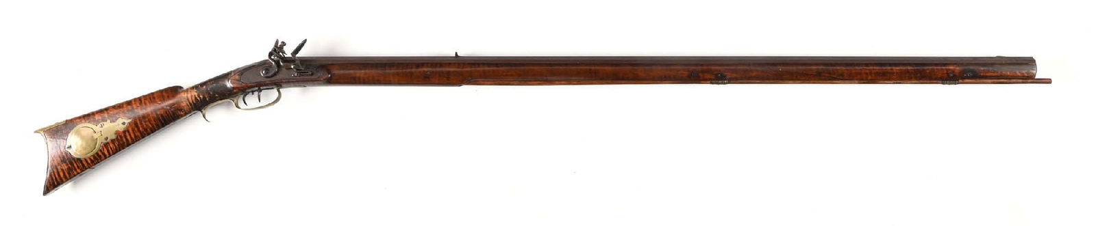 (A) FLINTLOCK KENTUCKY RIFLE.: Octagon barrel, later browned lock. Double set triggers, brass furniture and 2-piece patchbox. Faux-stripe decorated plain maple stock. CONDITION: Barrel and lock have brown surface with scattered rus