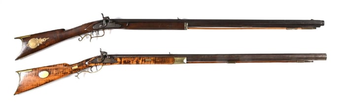 (A) LOT OF 2: HALF STOCK PERCUSSION RIFLE BY WM MAFFETT AND ELI K MOTE.