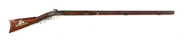 (A) INLAID HALF STOCK PERCUSSION RIFLE SIGNED B. HAYDEN.