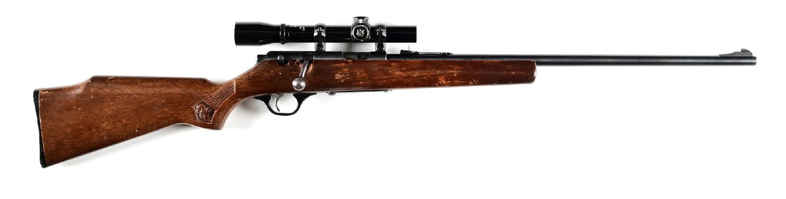 (M) MARLIN/GLENFIELD MODEL 20, BOLT ACTION RIFLE IN .22 LONG RIFLE : Magazine fed (missing) bolt action features blue finish, pistol grip hardwood stock with squirrel grip and black plastic butt plate. Wears a ramp front sight, sporting rear and a Herter's scope. CONDI