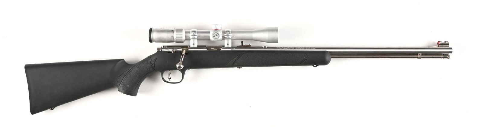 (M) MARLIN MODEL XT-22 .22 RF BOLT ACTION RIFLE. : Stainless steel barrel with a full length magazine tube, hooded Hi-Vis style ramped front sight with adjustable rear, grooved stainless steel receiver with a Simmons 3-9x scope, and one piece pebble g