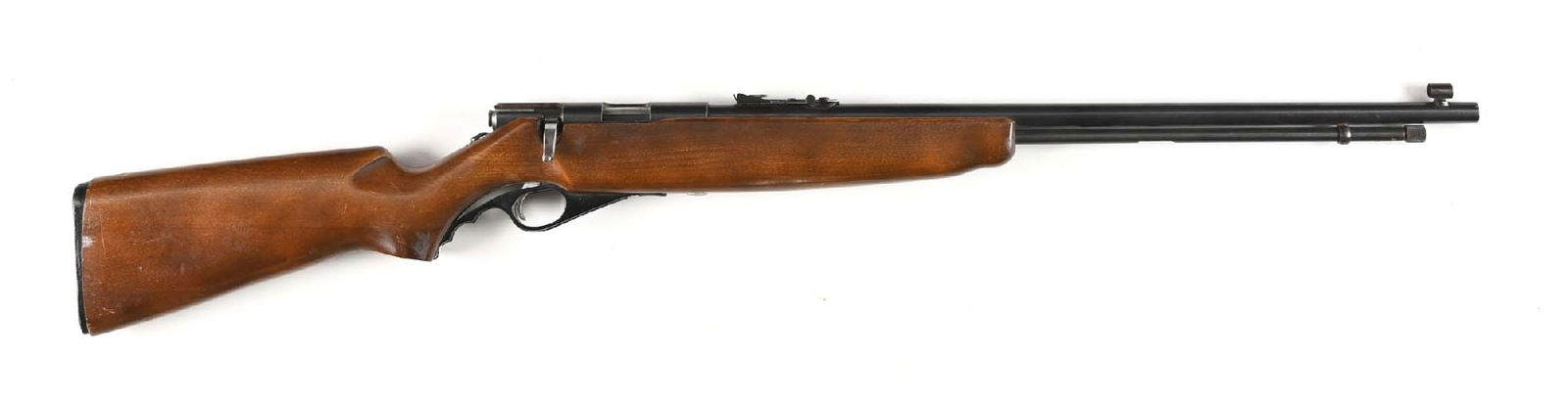 (C) WARDS WESTERNFIELD MODEL 48A BOLT ACTION RIFLE.: Blued barrel with a hooded ramped bead front sight and a matching rear, round receiver, 1 piece gloss walnut stock with a hard rubber buttpad. CONDITION: Fair, shiny bore. The rifle is missing the scr
