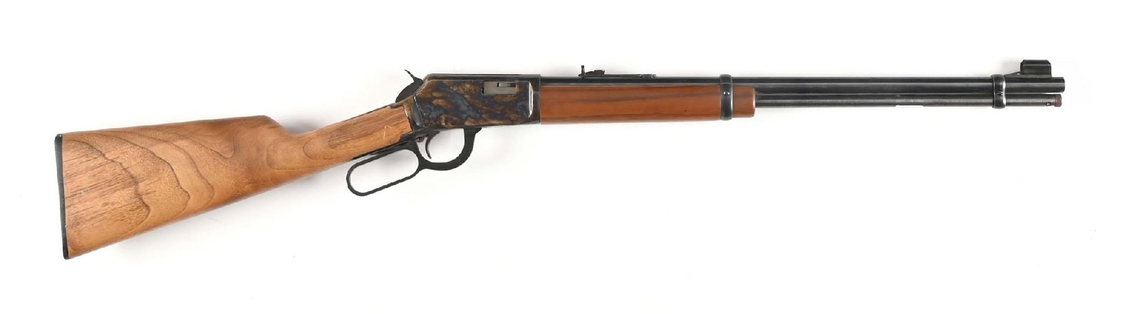 (M) WINCHESTER MODEL 9422 XTR LEVER ACTION SADDLE RING CARBINE.: This example features the case color frame, full tube magazine, hooded ramp front sight, semi buckhorn rear sight, saddle ring and stud, and walnut stock with black Marlin butt plate and matching fore