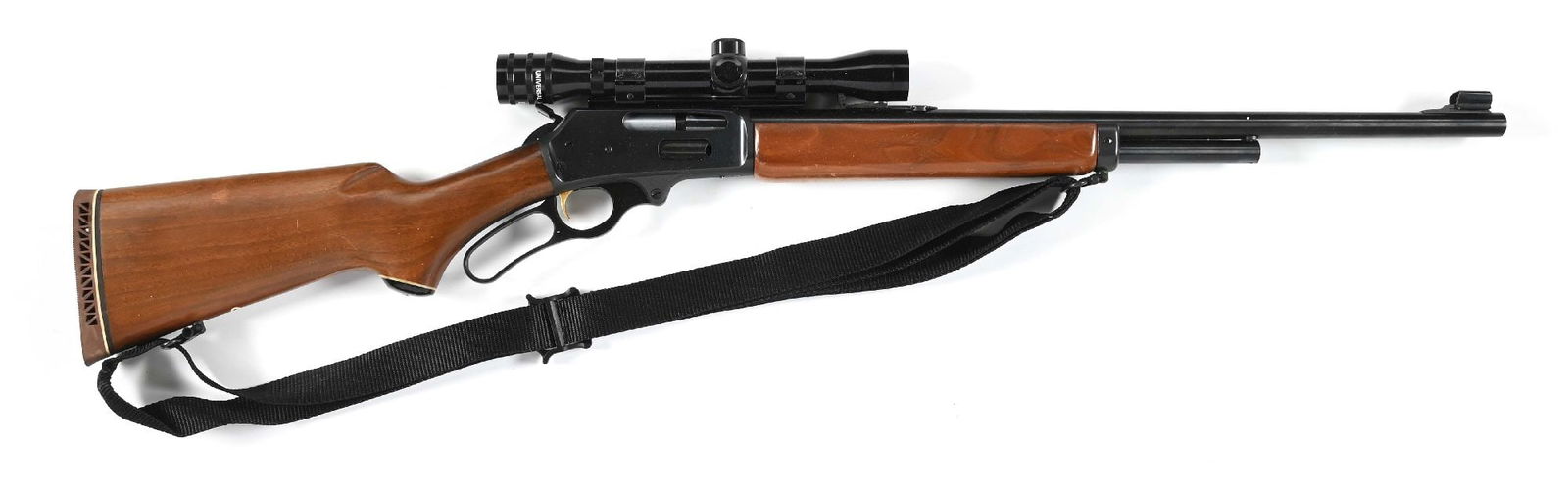 (M) MARLIN MODEL 444S LEVER ACTION RIFLE IN .444 MARLIN.: Blued barrel with a hooded ramped front sight and an adjustable sporting rear notch sight. 3/4 length magazine tube. Blued action, hammer, and lever, and polished bolt. Hammer has a cocking extension.