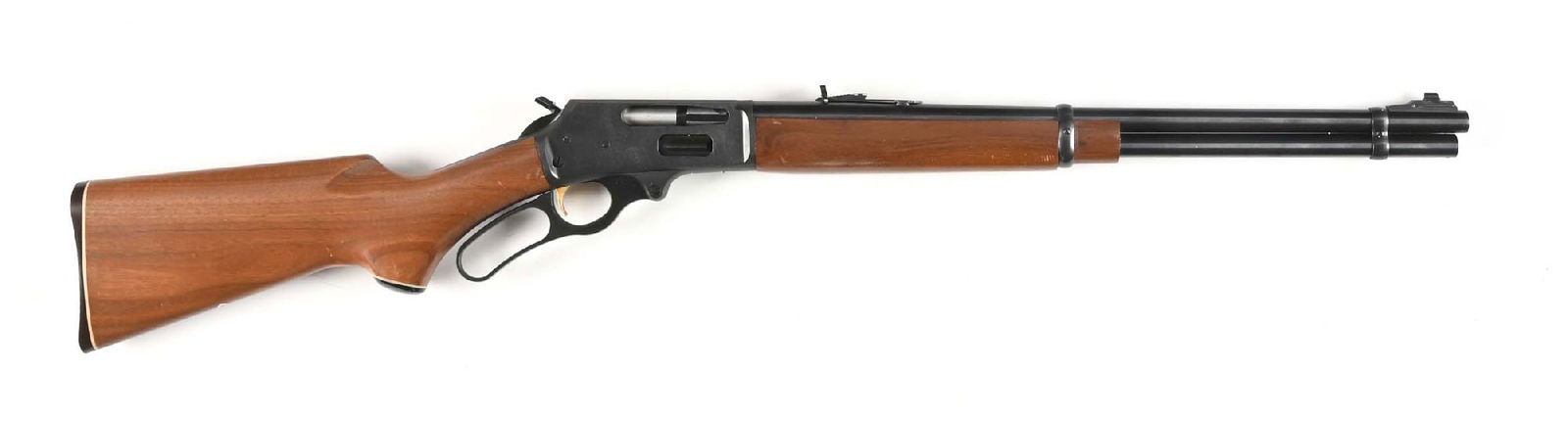 (M) MARLIN 336 .30-30 LEVER ACTION CARBINE: Standard carbine with full tube magazine, twin barrel bands, ramp front sight, semi-buckhorn rear sight, two tone blue finish, gold trigger, hammer extension, and plain walnut stock with pistol grip,