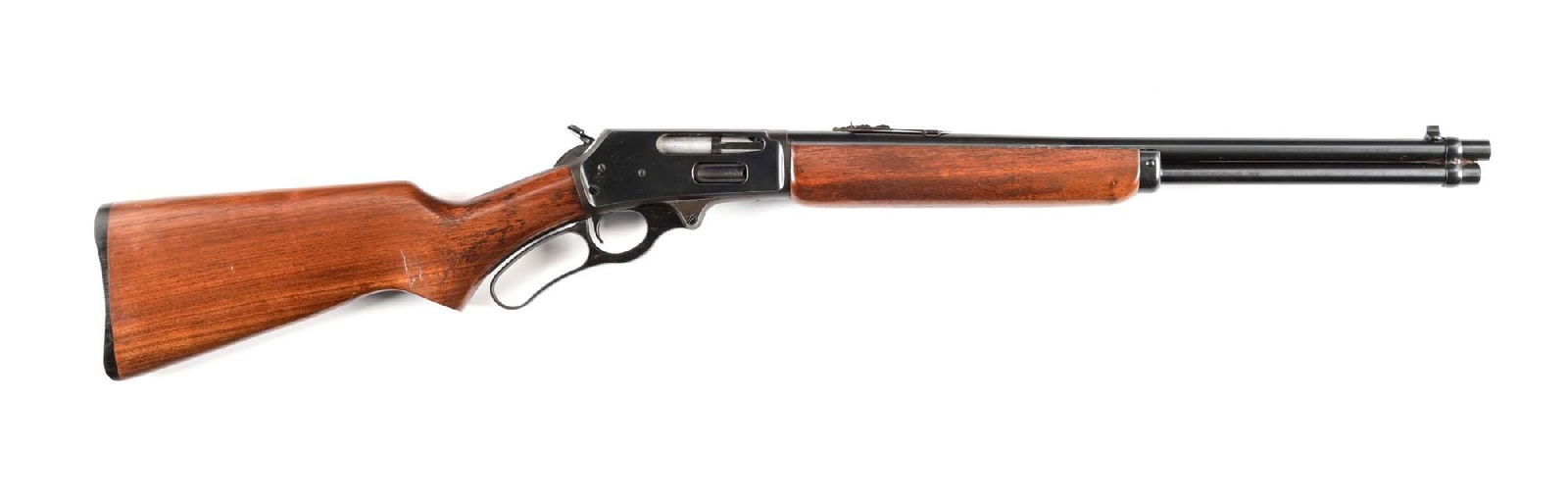 (M) J.C. HIGGINS MODEL 45 LEVER ACTION RIFLE (1960) : This is a Marlin Model 336 sold under the Sears brand. Full length magazine tube, blue finish, dovetailed front sight, flat top sporting rear sight, plain walnut stock with pistol grip, straight comb,