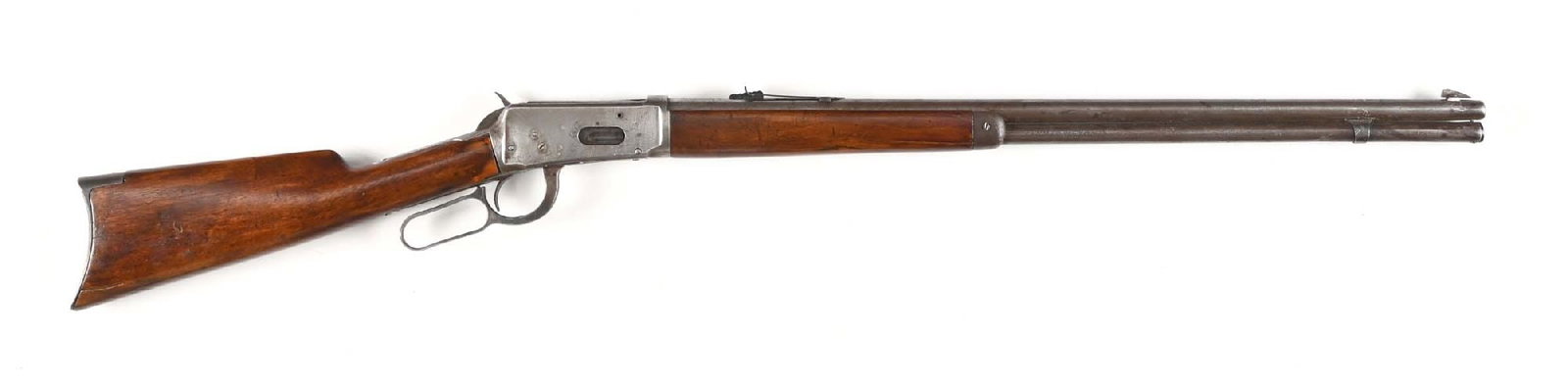 (C) WINCHESTER MODEL 1894 LEVER ACTION RIFLE.: Manufactured circa 1902. Features include a dovetailed bead front sight with a sporting rear, round steel barrel, full-length magazine tube, half-length replacement forearm, and a non-matching replace