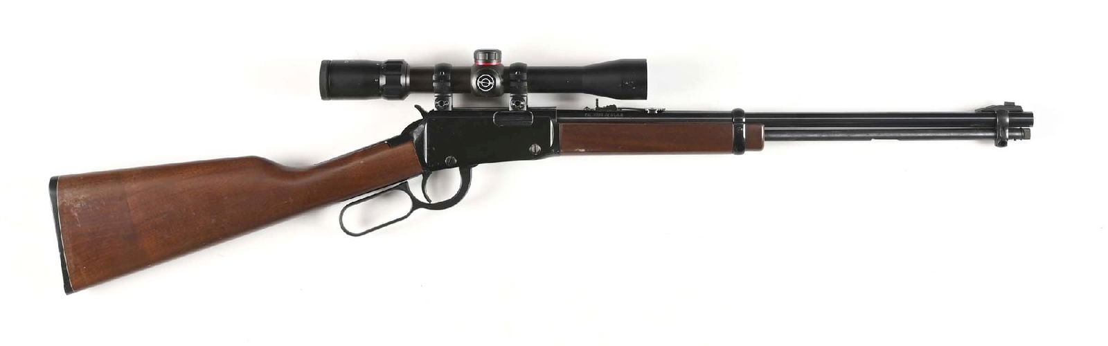(M) HENRY MODEL H001 LEVER ACTION RIFLE.: Round barrel with ramped front bead sight and adjustable rear sights, a Simmons 3-x9 scope, standard loop lever, and plain walnut stocks. Full length tubular magazine and exposed hammer. CONDITION: Ve