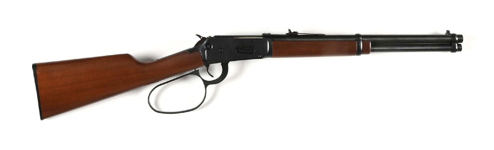 (M) WINCHESTER MODEL 94 AE LARGE LOOP LEVER ACTION SADDLE RING CARBINE.: Blued Winchester proof barrel with a blade front sight and adjustable sporting rear. Full length magazine tube held by a single barrel band. Blued receiver with cross bolt safety and factory drilled a