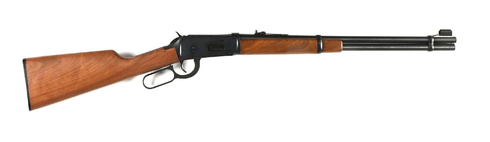 (M) WINCHESTER MODEL 94 LEVER ACTION CARBINE.: Standard features include a round blue barrel, full tube magazine, hooded ramp bead front sight, semi-buckhorn rear sight, and walnut stock with a matching forearm and checkered hard plastic buttplate