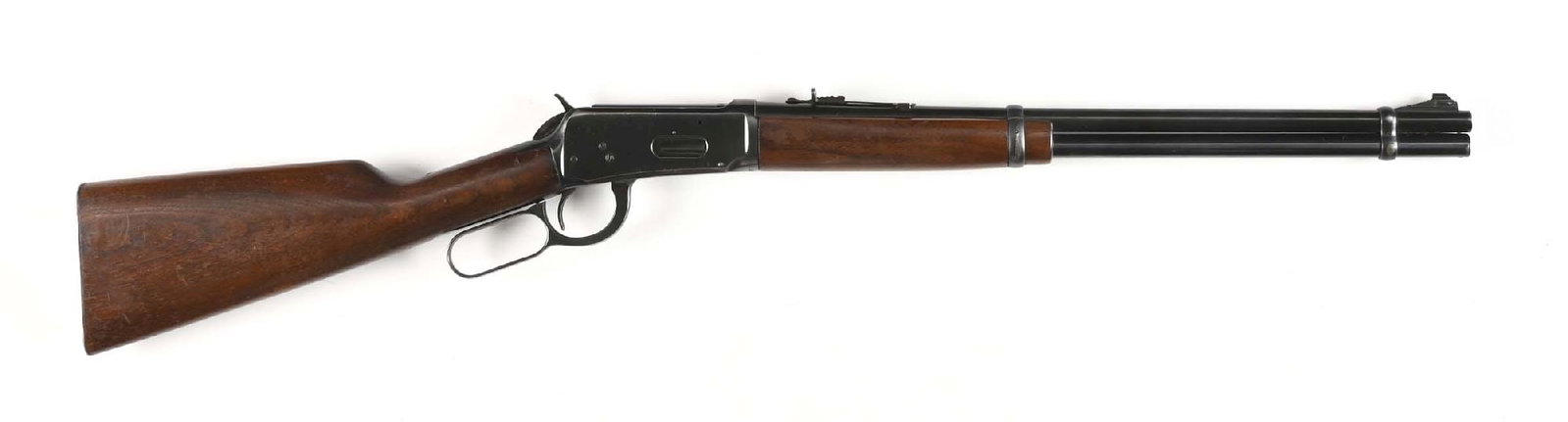 (C) PRE-64 WINCHESTER MODEL 94 LEVER ACTION CARBINE (1953).: Manufactured in 1953. Standard post war carbine with full length magazine tube, ramp front sight, semi-buckhorn rear sight, blue finish, checkered steel buttplate, and two tap screws on rear left side