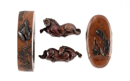 LOT OF 2: MENUKI AND FUCHI KASHIRA WITH ANIMAL SCENES