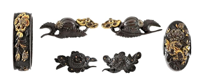 LOT OF THREE: FUCHI, KASHIRA, AND MENUKI IN THE FORM OF FLORALS.