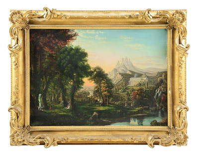 AFTER THOMAS COLE (1801-1848): The Arcadian or Pastoral State from The Course of Empire by Thomas Cole oil on canvas unsigned, artist unknown canvas: 26 x 36-5/8 in. (66 x 93 cm) framed: 35-1/4 x 4-3/4 x 46 in. (89.5 x 12.1 x