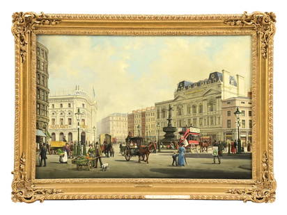 REGINALD ERNEST ARNOLD (BRITISH, 1853-1938): Piccadilly Circus oil on wood panel signed "RA" lower-left corner, titled on front plaque canvas: 20 x 30 in. (50.8 x 76.2 cm) framed: 26-3/4 x 2-1/2 x 36 in. (67.9 x 6.3 x 91.4 cm) Condition Some