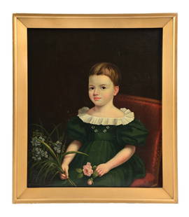 OIL PORTRAIT OF A YOUNG GIRL: Untitled Oil on canvas Unsigned Canvas: 28 x 24 in. (71.1 x 61 cm) Framed: 32 x 2-1/2 x 27-3/4 in. (81.3 x 6.3 x 70.5 cm) C. 1838 Condition Painting is relined. Canvas is lifting in upper-left.