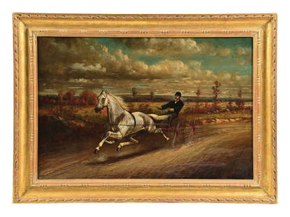 SCOTT LEIGHTON (NATHANIEL WINFIELD) (AMERICAN, 1849-1898): Harness Race Horse Pulling a Sulky oil on canvas signed lower right canvas: 24 x 36 in. (61 x 91.4 cm) framed: 30-1/2 x 2 x 42-1/2 in. (80 x 5.1 x 107.9 cm) Condition Very minor canvas inpaint,