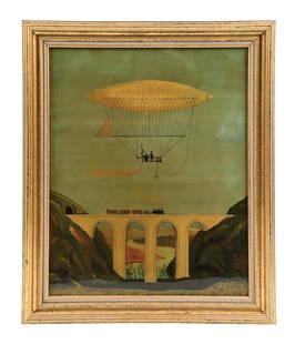ZEPPELIN WITH TRAIN CROSSING THE BRIDGE: Untitled original painting on glass unsigned sight: 24-1/2 x 19-1/2 in. (62.2 x 49.5 cm) framed: 30 x 1-3/4 x 25 in. (76.2 x 4.4 x 63.5 cm) Condition In very good original condition. Condition: