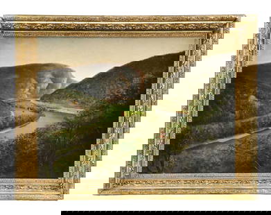 VINTAGE LATE 19TH CENTURY DELAWARE WATER GAP OIL PAINTING: Delaware Water Gap oil on canvas unsigned canvas: 16 x 22 in. (40.6 x 55.9 cm) framed: 20 x 2-1/4 x 25-3/4 in. (50.8 x 5.7 x 65.4 cm) Condition Minor paint chips to the bottom lower-left corner. Age