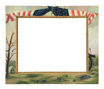 LARGE FOLK ART CIVIL WAR FRAME: Nice wood frame in folk art style, hand painted with the American flag and landscape. Will fit 22" x 28" canvas. Frame size: 31" x 37". Late 1800's. Condition: (Very Good - Excellent). Dimensions: