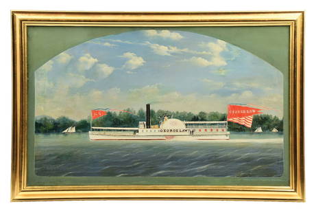 JAMES BARD (AMERICAN, 1815-1897): U.S. Mail Paddle Steamer "George Law" oil on canvas signed lower-right corner "Picture drawn & painted by James Bard, N.Y." canvas: 31-1/4 x 51-1/4 in. (79.4 x 130.2 cm) framed: 37-1/2 x 1-1/2 x