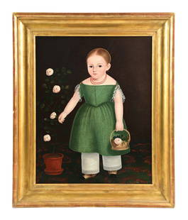 JOHN BRADLEY (NEW YORK, ACTIVE 1832-1847): Portrait of a Young Girl in a Green Dress oil on canvas signed lower right "J. Bradley, 128 Spring St. New York." back of canvas stamped "PREPARED BY THE O'KEEFE NEW YORK." canvas: 34-1/8 x 27-1/8