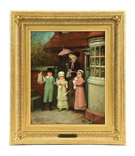 GEORGE HENRY BOUGHTON (AMERICAN, 1833-1905): The Good Aunt oil on canvas signed lower-left canvas: 16-1/4 x 20-1/4 in. (41.3 x 51.4 cm) framed: 28 x 2-1/4 x 24-1/2 in. (71.1 x 5.7 x 62.2 cm) Condition Canvas is relined, showing signs of minor