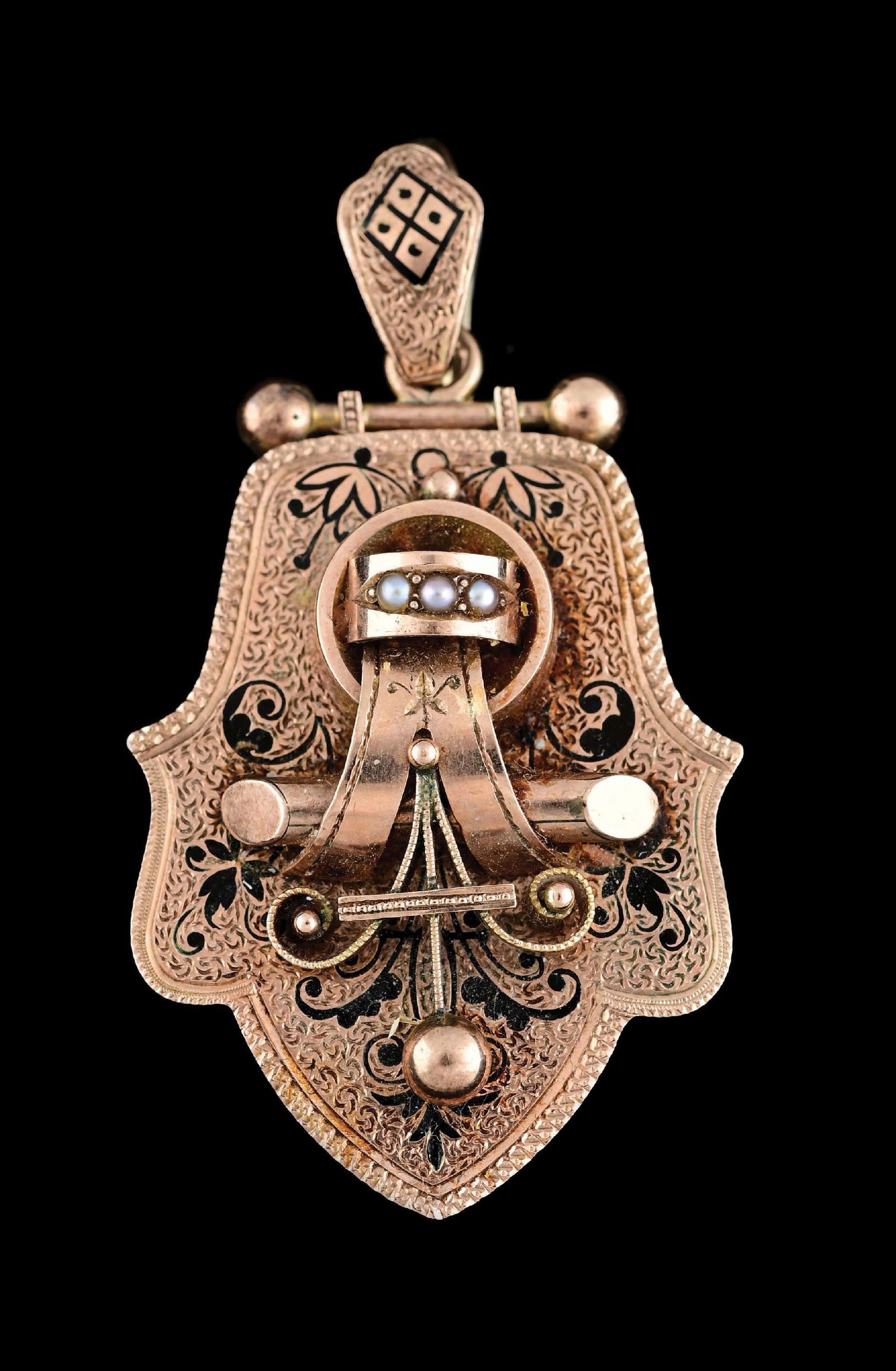 ANTIQUE VICTORIAN YELLOW GOLD SEED PEARL & ENAMEL LOCKET PENDANT (1 of 3)