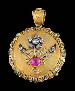 ANTIQUE YELLOW GOLD RUBY, EMERALD & DIAMOND VINAIGRETTE: Ladies' stunning antique 14k yellow and rose gold ruby, emerald and diamond vinaigrette. Diameter measures 1-5/8". Gross weight is 29.5 grams. Unmarked. Untested. Condition: (Very Good - Excellent). D