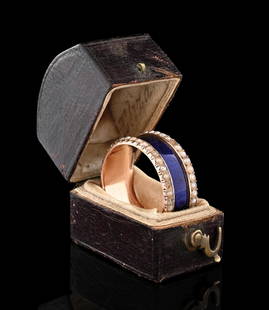 ENAMELED 14K ROSE GOLD VICTORIAN RING W/ORIGINAL TOMBSTONE BOX, C.1840: Extraordinary Circa 1840 ladies' 14k rose/pink gold Victorian guilloche enameled ring with seed pears in original named and dated tombstone box. Box marked inside "Feb. 28/40" & "Eliza". Enameling in