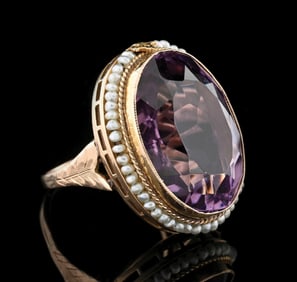 14K AMETHYST & SEED PEARL RING
