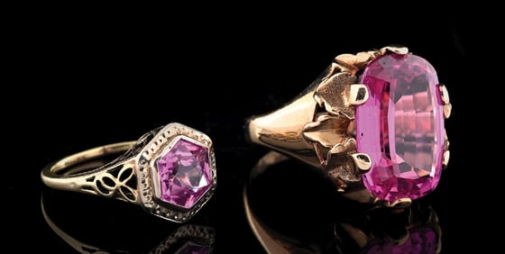 LOT OF 2: YELLOW GOLD PINK SAPPHIRE RINGS