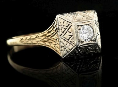 LADIES 14K 2-TONE ENGRAVED DIAMOND RING